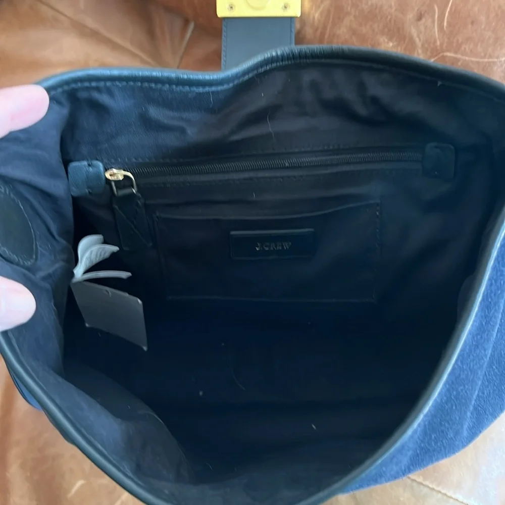 J. Crew Navy Suede Shoulder Bag with Black Strap and Gold Accent